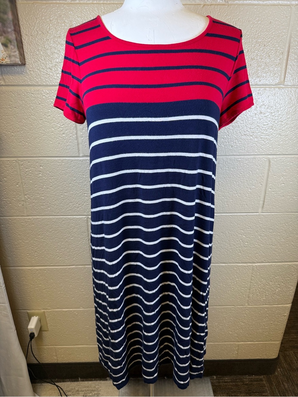 Max Studio Red and Navy Striped Short Sleeve Midi Dress